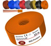 MAS Premium Câble conducteur H07 V-K 6 mm² - Noir, marron, bleu foncé, jaune sarcelle, gris, rouge, orange ou bleu clair - Câble unique, flexible (orange, 15 m)