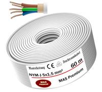 MAS Premium Câble d'alimentation NYM-J pour pièces humides - 5-200 m - Câble gainé NYM-J 3x1, 5, 2,5, 4, 6, 10 ou 5 x 1,5, 2,5, 4, 6, 10, 16 - Câble électrique pour pose fixe (NYM-J 5 x 1,5 mm², 60 m)