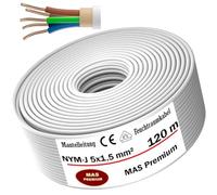 MAS Premium Câble d'alimentation NYM-J pour pièces humides, 5 à 170 m, 5 x 1,5, 2,5, 4, 6, 10 ou 16 - Câble électrique gainé NYM-J 5 x 1,5 mm², 120 m