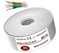 MAS Premium Câble d'alimentation NYM-J pour pièces humides - 5 à 170 m - Câble électrique gainé NYM-J 5 x 1,5, 2,5, 4, 6, 10 ou 16 - Avec anneau pour pose fixe (NYM-J 5 x 1,5 mm², 40 m)