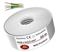 MAS-Premium Câble d'alimentation NYM-J pour pièces humides - De 5 à 100 m - Câble gainé NYM-J 4 x 2,5 mm² - Avec anneau pour pose fixe (10 m)