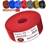 MAS Premium De 5 à 100 m Câble conducteur H07 V-K 6 mm² Noir Brun Bleu foncé Vert jaune Gris Rouge Orange ou Bleu clair Fil unique flexible (Rouge, 20 m)