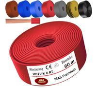 MAS Premium De 5 à 100 m Câble conducteur H07 V-K 6 mm² Noir Brun Bleu foncé Vert jaune Gris Rouge Orange ou Bleu clair Fil unique flexible (Rouge, 60 m)