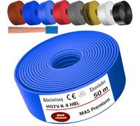 MAS Premium De 5 à 100m Câble conducteur H07 V-K 4 mm² Noir, brun, bleu foncé, jaune vert, gris, bleu clair, blanc ou rouge, conducteur unique flexible (bleu clair, 50m)