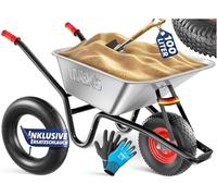 MASKO® Brouette | Capacité 100 litres | 250 kg | Pneus à air avec jantes en acier + chambre à air de rechange | Châssis en acier galvanisé | Gants