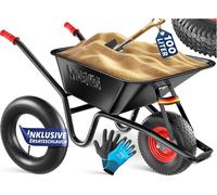 MASKO® brouette de chantier brouette de jardin 100 litres jusqu'à 250kg pneus gonflables avec jante en acier galvanisé cadre acier brouette de jardin brouette de transport gants de travail inclus