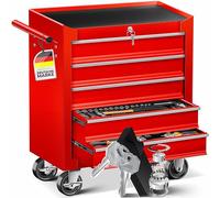 MASKO® Chariot à outils roulant 5 tiroirs verrouillable, chariot à outils mobile avec serrure et tiroirs à roulement à billes, Chariot d'atelier stable en métal massif, Rouge