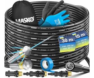 MASKO® Débouche canalisation premium Kit de débouchage 200 bars, sac 3 adaptateurs 2 buses + système rotatif inclus compatible avec le nettoyeur haute pression Kärcher k2-k7 LAVOR kit universel, 15m