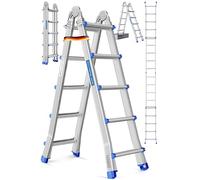 MASKO® Échelle Polyvalente en Aluminium | Pliable | 5,10 m | 4x5 échelons | Charge maximale 150 kg | Pieds antidérapants | échelle Portable | échelle Double | Argent Bleu