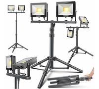 MASKO® Projecteur de chantier LED 15000 lumens Double 100W/2x50W, trépied, lampe de travail 112 LEDS, projecteur de travail 360° rotatif IP65, projecteur de chantier, câble 5m