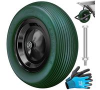 MASKO Roue de brouette en polyuréthane - En caoutchouc plein - 200 kg - 4,80/4,00-8 - Diamètre : 390 mm - Roue de rechange - Jante en acier - Anti-crevaison - Avec gants - Vert foncé