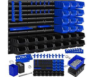 Masko® Tablette Murale + Boîtes empilables + Boîtes à Outils, Extensible, Tablette d'atelier, Tablette de Rangement, Boîtes de Rangement Visibles, 45 pièces - Noir/Bleu