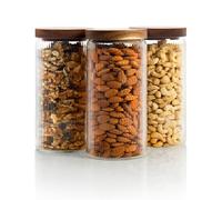 Mason & Fable Lot de 3 bocaux en verre nervuré avec couvercle en bois 1,3l | Conteneur de rangement hermétique nervuré pour épices, thé, sucre, café, bonbons, friandises pour chien, collations
