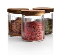Mason & Fable Lot de 3 bocaux en verre nervuré avec couvercle en bois 500 ml | Conteneur de rangement hermétique nervuré pour épices, thé, sucre, café, bonbons, friandises pour chien, collations
