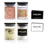 Mason & Fable Lot de 4 bocaux de salle de bain en verre nervuré avec couvercles hermétiques en bambou noir | tampon de coton/bourgeons/porte-embout Q | sel de bain/petit maquillage/boîte de rangement