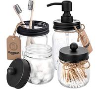 Mason Jar Lot de 4 Accessoires de Salle de Bain - Distributeur de Savon Mason Jar et 2 bocaux d'apothicaire et Porte-Brosse à Dents - Toilettes rustiques, décoration d'intérieur, comptoir de