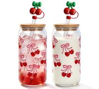 Mason Life Lot de 2 tasses à café glacé en verre avec couvercles et pailles, motif cerises et nœuds en forme de cerise, joli gobelet à coquette pour adolescentes, filles, cadeau d'anniversaire pour