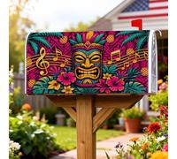 Masque Tiki pour boîte aux lettres magnétique, notes de musique tropicales vibrantes, fleurs d'hibiscus, protection de boîte aux lettres d'été pour décoration de cour extérieure, 45,7 x 53,3 cm
