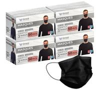 Masques Chirurgicaux Noirs 200 Pièces - Type IIR EN 14683 3 Plis | Trois couches avec filtre interne - Élastiques auriculaires souples - Pince-nez modelable - Boîte distributrice