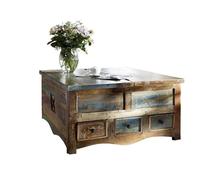 Table basse coffre 100x100cm - Bois massif recyclé multicolore laqué - Inspiration Ethnique - NATURE OF SPIRIT #62