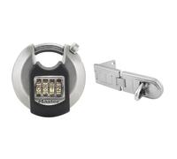 MASTER LOCK Cadenas à disque robuste [combinaison] [acier inoxydable] [extérieur] M40EURDNUM & 720EURD Moraillon Renforcé avec Charnière pour Verrouillage de Porte Extérieure