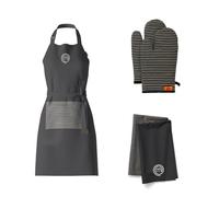 MasterChef Lot de Torchon Cuisine, Tablier Cuisine et Gants Four/Maniques, Motif Rayé Multicolore, Lavable en Machine, Résistant à la Chaleur, Logo Brodé