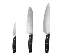 MasterChef Set Couteau Cuisine Professionnel | Cuchillo Chef, Santoku y Tomate en Inox Haute Teneur en Carbone, Triples Rivetées, Pleine Longueur avec Mitre, 3 Pièces