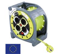 masterplug 51267 Enrouleur de câble avec guide-câble 15 m, gris-vert - 4 prises de courant de sécurité avec protection contre les surtensions