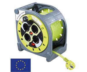 masterplug 51267 Enrouleur de câble avec guide-câble 15 m, gris-vert - 4 prises de courant de sécurité avec protection contre les surtensions