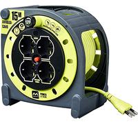 Masterplug Pro-XT Enrouleur de câble 15 mètres, 4 Prises universelles prolivalent : Bipasso, EU, Schuko, rallonge électrique 16A, indicateur LED, câble Haute visibilité