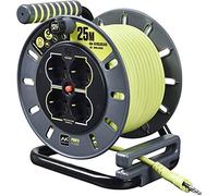 Masterplug Pro-XT Enrouleur de câble 25 mètres, 4 Prises universelles prolivalent : Bipasso, EU, Schuko, rallonge électrique 16A, indicateur LED, câble Haute visibilité