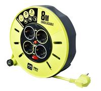 Masterplug Pro-XT Enrouleur de câble 8 mètres, 4 Prises EU Schuko, rallonge électrique 16A, Protection Thermique, câble Haute visibilité