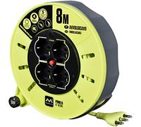 Masterplug Pro-XT Enrouleur de câble 8 mètres, 4 Prises universelles prolivalent : Bipasso, EU, Schuko, rallonge électrique 16A, indicateur LED, câble Haute visibilité