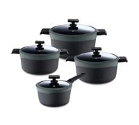 MasterPRO Gastro Reeco- Lot de 4 Poêles de 20, 24 et 28 cm + Casserole de 16 cm avec couvercles - Fonde d'Aluminium moulé recyclé - Revêtement anti adhesive - Tous Feux dont Induction - Vert