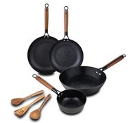 MasterPRO ODIN - Kit Cuisson : 3 Ustensiles - Poêle 28cm - Wok 24cm - Poêle 24cm - Casserole 16cm - Revêtement Céramique Antiadhésif - Poignées en Acacia - Convient à toutes les cuisinières