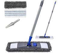 MASTERTOP Balai à Plat Microfibre Rotatif à 360° , Balai Serpillère Plate | Chenille avec Manche en Métal pour Nettoyage de Sol Sec & Humide avec 4 Tampons en Total