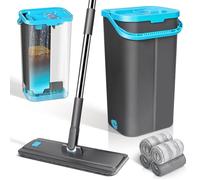 MASTERTOP Balai Plat Microfibre et Seau Essoreur, Seau 2 Compartiment | Serpillère Rotative 360° et Seau Système Auto-Essorage pour Nettoyage de Sol Humide & Sec, avec 4 Tampons (Gris foncé)