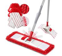 MASTERTOP Balai Serpillière Plat - Tête Microfibre Rotative 360° pour Sols | Balai Nettoyage Sol en Chenille avec Manche en Métal, Sec et Humide - 4 Tampons Inclus（Rouge）