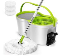 Masthome Balai Serpillère avec Seau Essoreur à Pédale, 3 Microfibre Lavable | Seau Serpillière avec Manche Réglable INOX, Tête Rotative 360°, Système Laveur de Sol Complet, Pour tous types de sols, Blanc