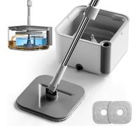Masthome Balai Serpillère Rotatif avec Seau - Séparation Eau Propre et Sale - Manche Acier Inoxydable Réglable - Tête 360°- Recharges Lavables pour Parquet Carrelage