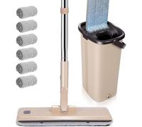 Masthome Kit de lavage de sol avec seau et 6 tampons microfibres - Balai plat avec fonction essorage - Marron