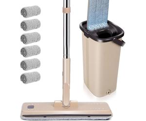 Masthome Kit de lavage de sol avec seau et 6 tampons microfibres - Balai plat avec fonction essorage - Marron