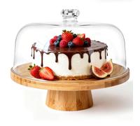 Masthome Présentoir à Gâteau Sur Pied Bois 6 en 1 Avec Cloche | Plateau rotatif réversible socle bambou, cloche acrylique, lavage à la main, idéal apéritifs, desserts et cadeaux fête