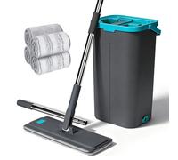 Masthome Serpillère Seau Essoreur Double Compartiment, Balai Microfibre Rotatif 360°, Poignée Acier Inoxydable Télescopique 140cm, 4 Tampons Réutilisables, Nettoyage Sols Carrelage Bois