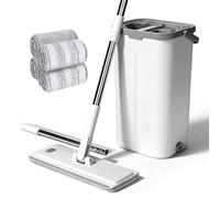 Masthome Serpillière Seau Essoreur 2 en 1, Balai Plat Microfibre avec Manche INOX 140cm, Tête Rotative 360°, 4 Recharges Réutilisables, Nettoyage Hygiénique pour Tous Sols