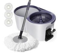 Masthome Serpillière Seau Essoreur à Pédale, Balais Nettoyer Sol, Gris | Manche Télescopique INOX, Rotatif 360° Microfibre, 3 Tampons Lavables, Compact pour Carrelage Parquet Stratifié
