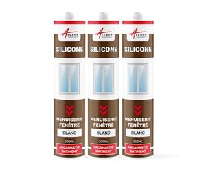 Mastic Silicone, Fenêtre, Menuiserie, Étanchéité 300 ml x 3 Blanc | Joints Menuiserie, Fenêtres, Portes et Vitrage, Adhère sur Alu, Acier, Pvc, Verre et Bois, Int/Ext - Arcane Industries