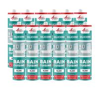 Mastic Silicone pour joints étanchéité douche, salle de bain, cuisine - ARCAMASTIC SANITAIRE - 300 ml x 12 Blanc