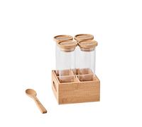 mastrad - Bocaux A Epices - Lot de 4 - Pot A Epices en Verre avec Couvercle en Bambou - Socle de Rangement et Cuillère inclus - 180 ml