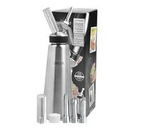 Mastrad - Siphon Professionnel Inox Mousses Chaudes Et Froides 0,5L | Bain-marie jusqu'à 90°C • Protection silicone • 6-8 portions • 3 buses de décor • Norme AFNOR NF D21-901-2020